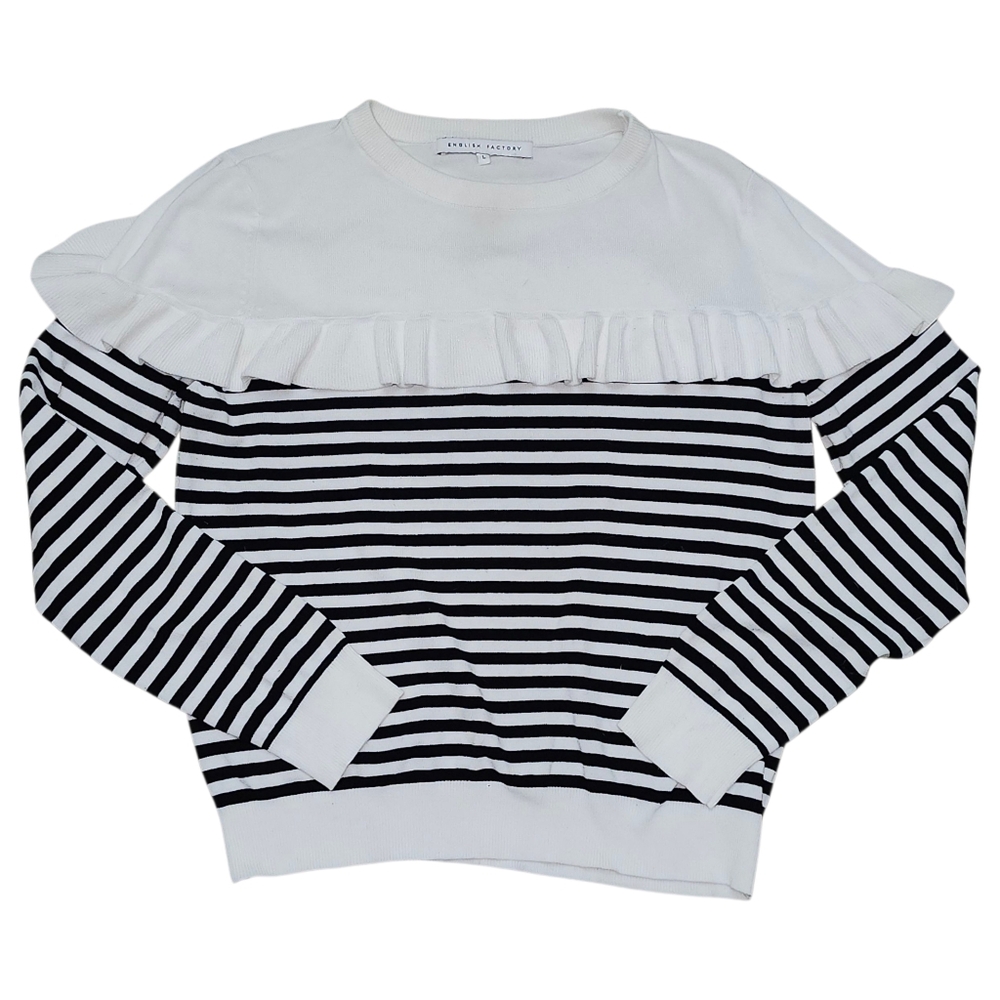 English Factory Black and White Striped Ruffled Sweater. Sz. L